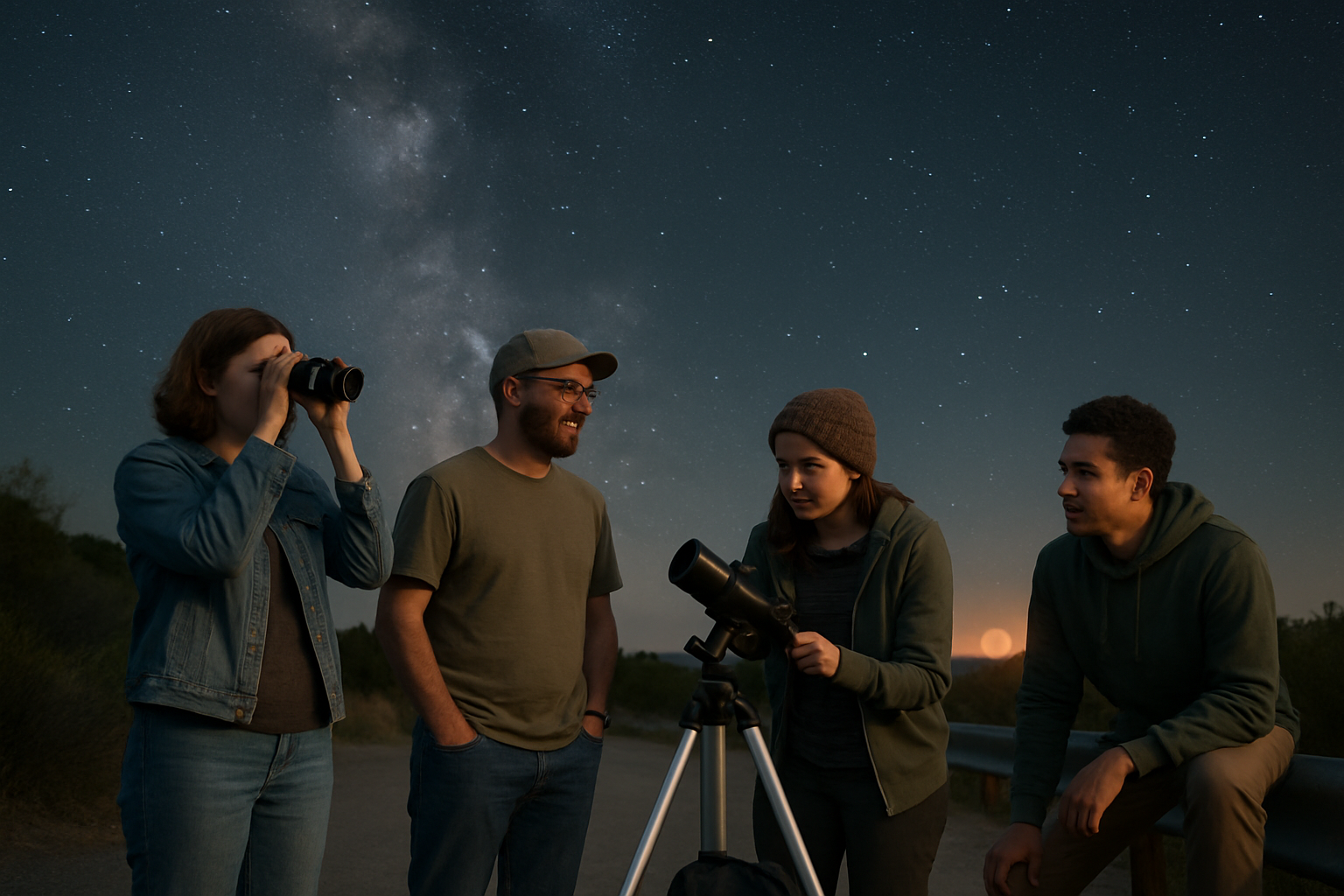 Friends setting up binoculars and a small telescope under a summer night sky before moonset.