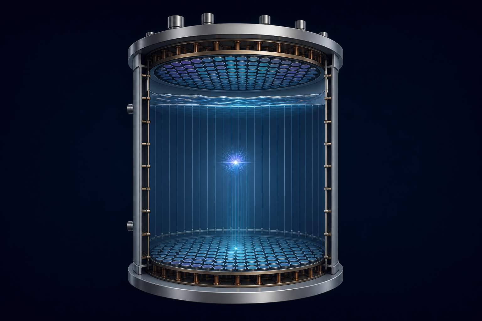 Conceptual cutaway of a liquid-xenon detector recording a small light and charge signal