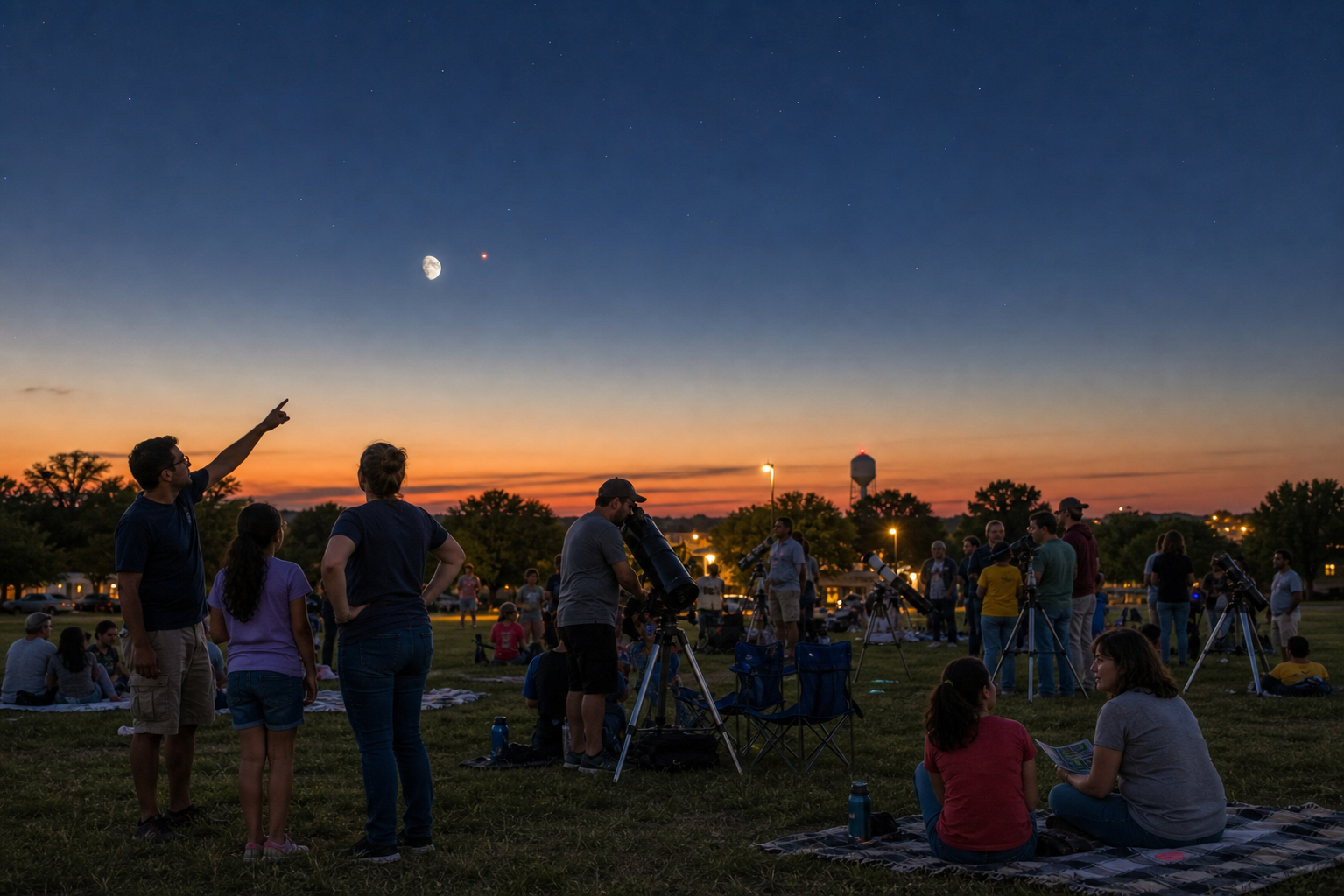 Small groups at a public astronomy event under a summer evening sky