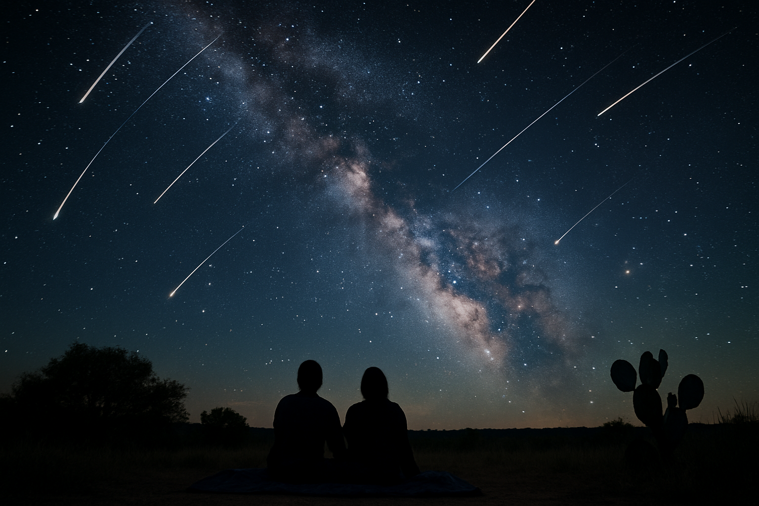 Streaks of bright meteors crossing a dark starry sky over a Texas landscape, two people watching on a blanket with the Milky Way above.