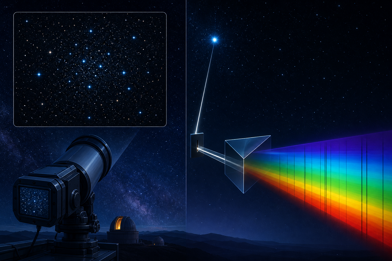 A telescope camera and a spectrum illustrate two different astronomical measurements