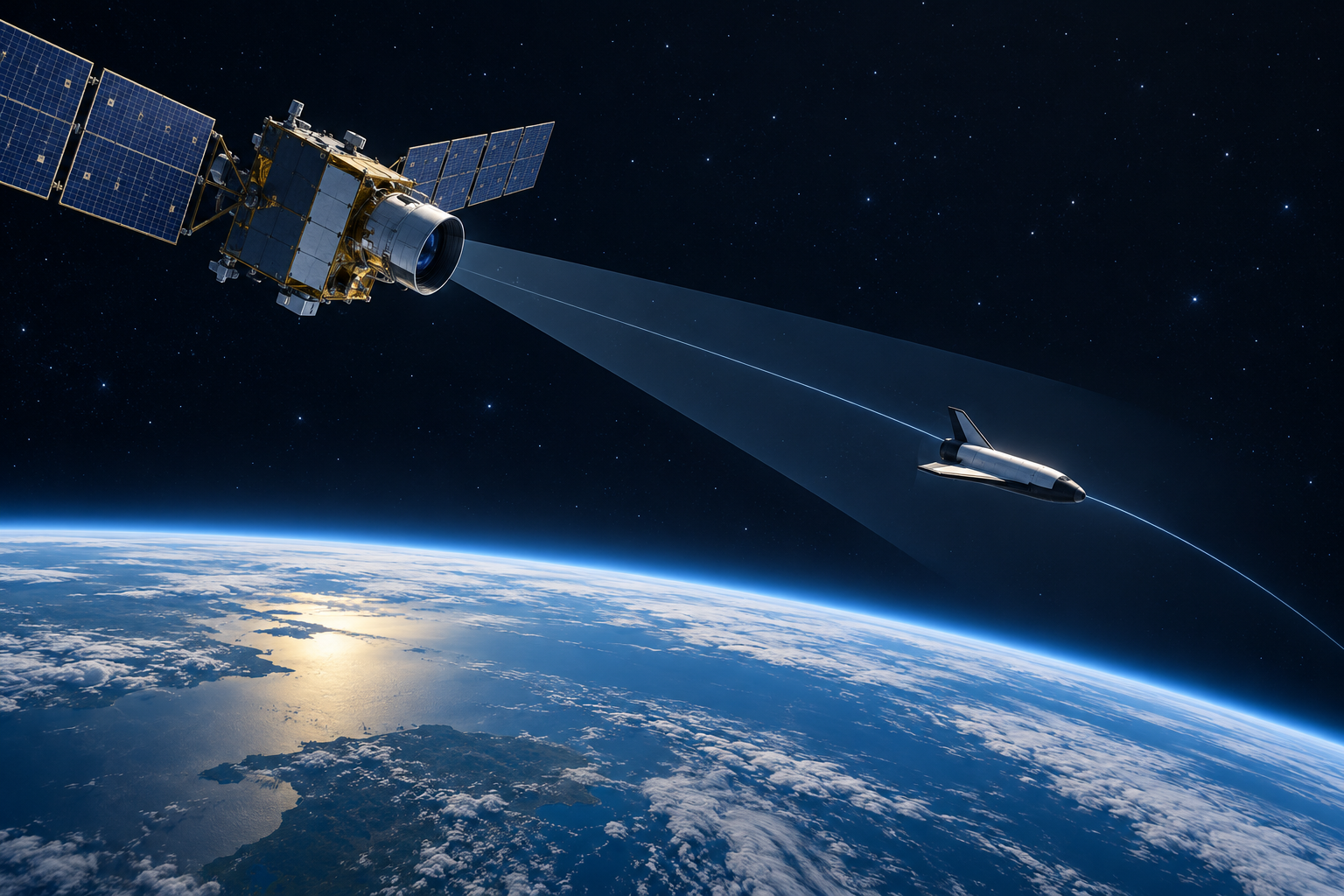 Original educational illustration of an orbital imaging pass between two spacecraft; this is a conceptual diagram, not a record of the 2024 observation.