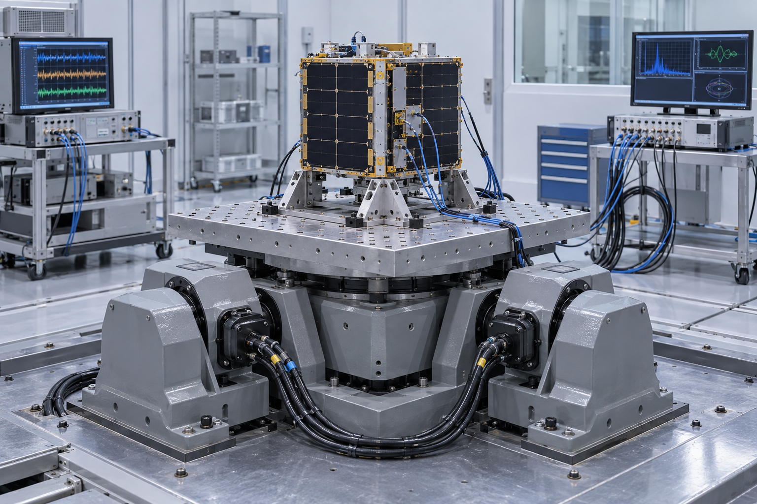 Conceptual illustration of an unbranded satellite payload on a multi-axis vibration test table.