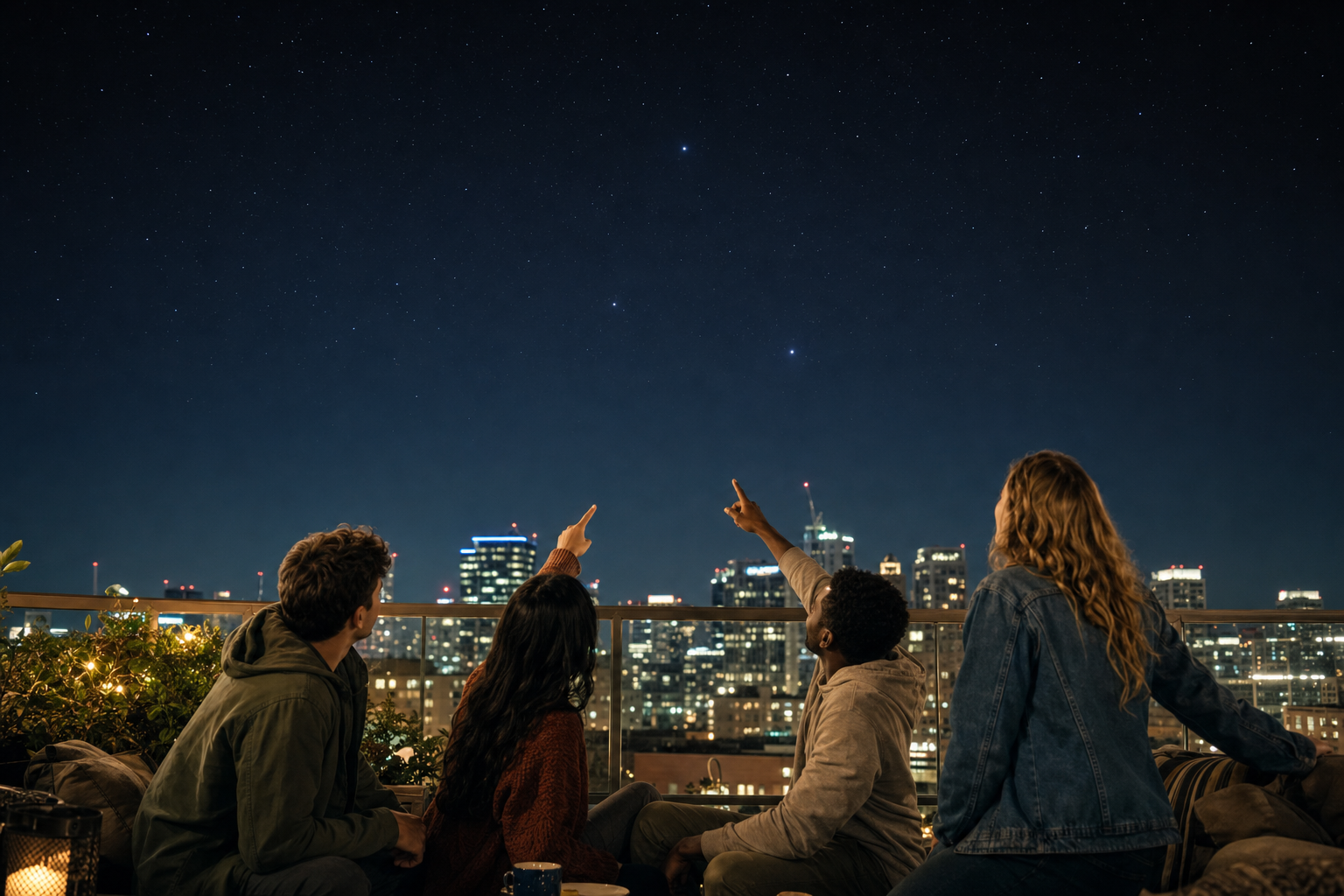 Small group of friends on a rooftop balcony pointing out the Summer Triangle above a softly lit city skyline