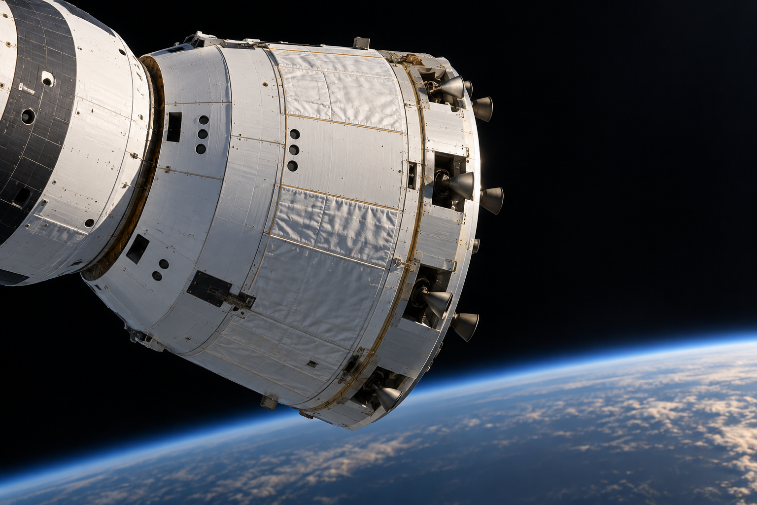 Original editorial illustration of a spacecraft service module and reaction-control thrusters in orbit