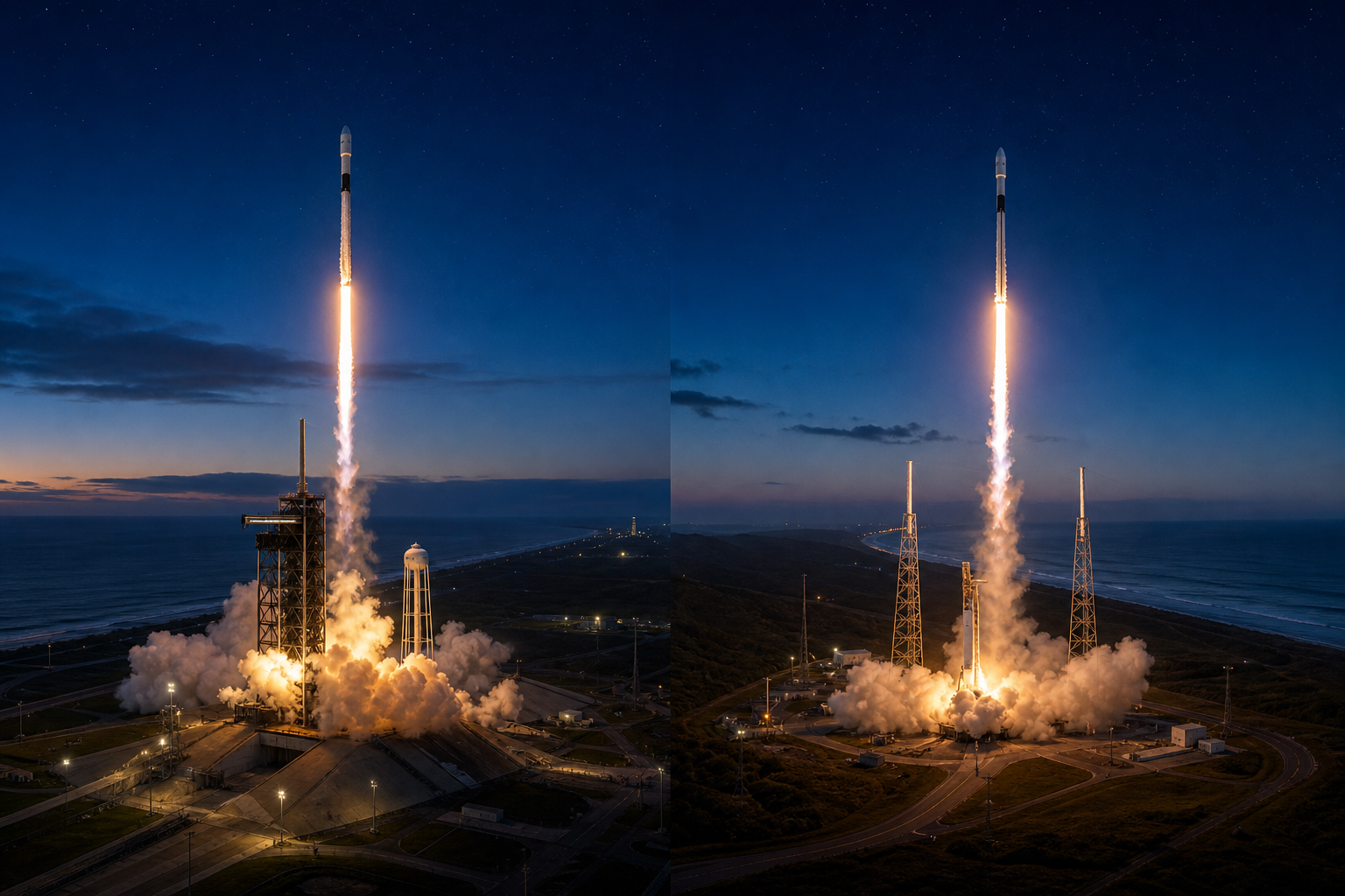 Editorial illustration of two Falcon 9 launches departing from the land-based Cape Canaveral and Vandenberg launch sites.