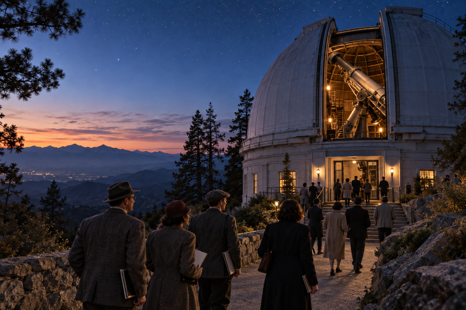 A group of astronomy enthusiasts arrives at a historic observatory for an evening of public observing.