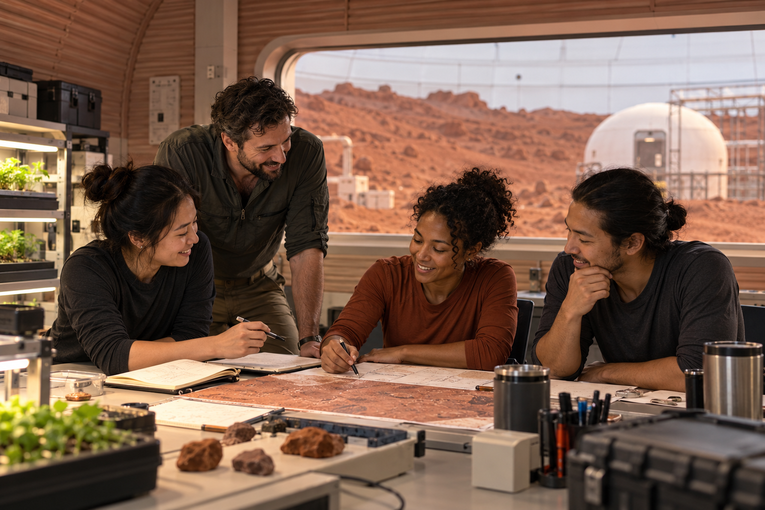 Four research volunteers collaborate inside a fictional Mars-analog habitat