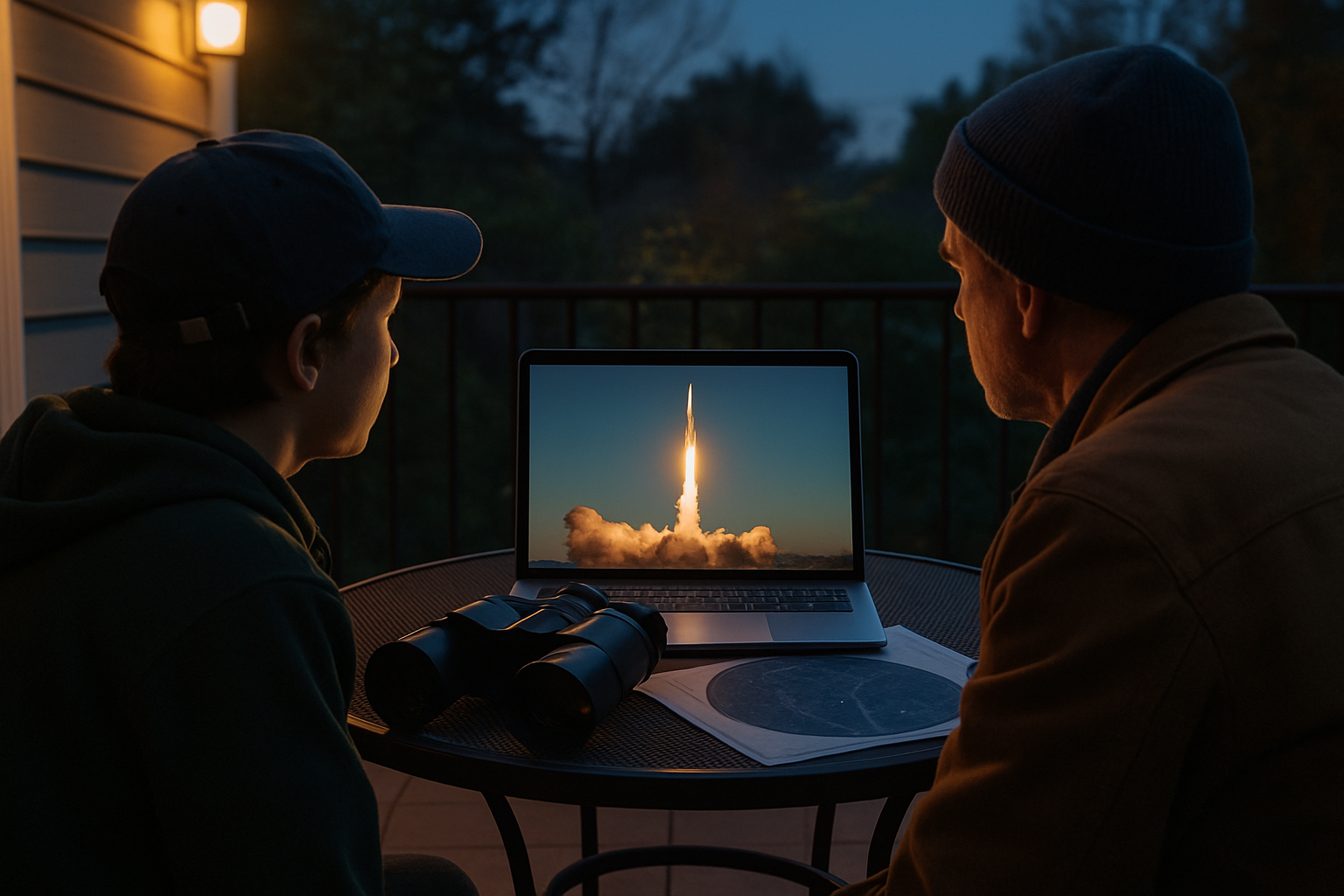 Two space enthusiasts watching a rocket launch stream on a laptop at dusk