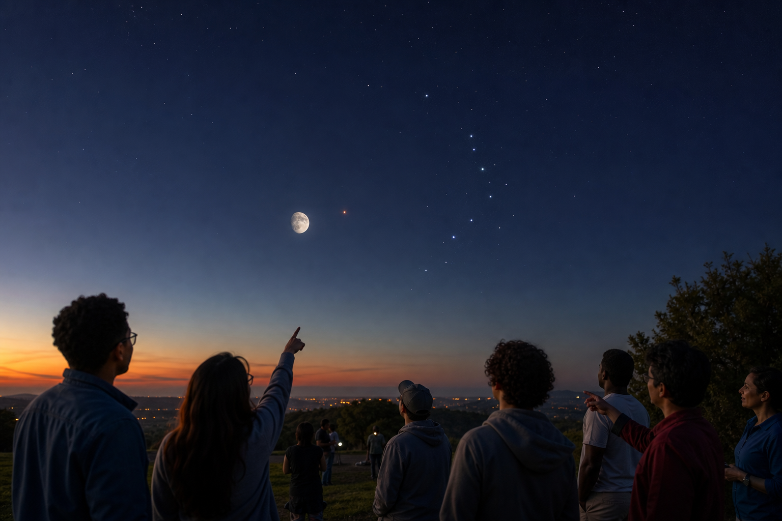 Community stargazers using the Moon to find Antares and Scorpius on a summer evening