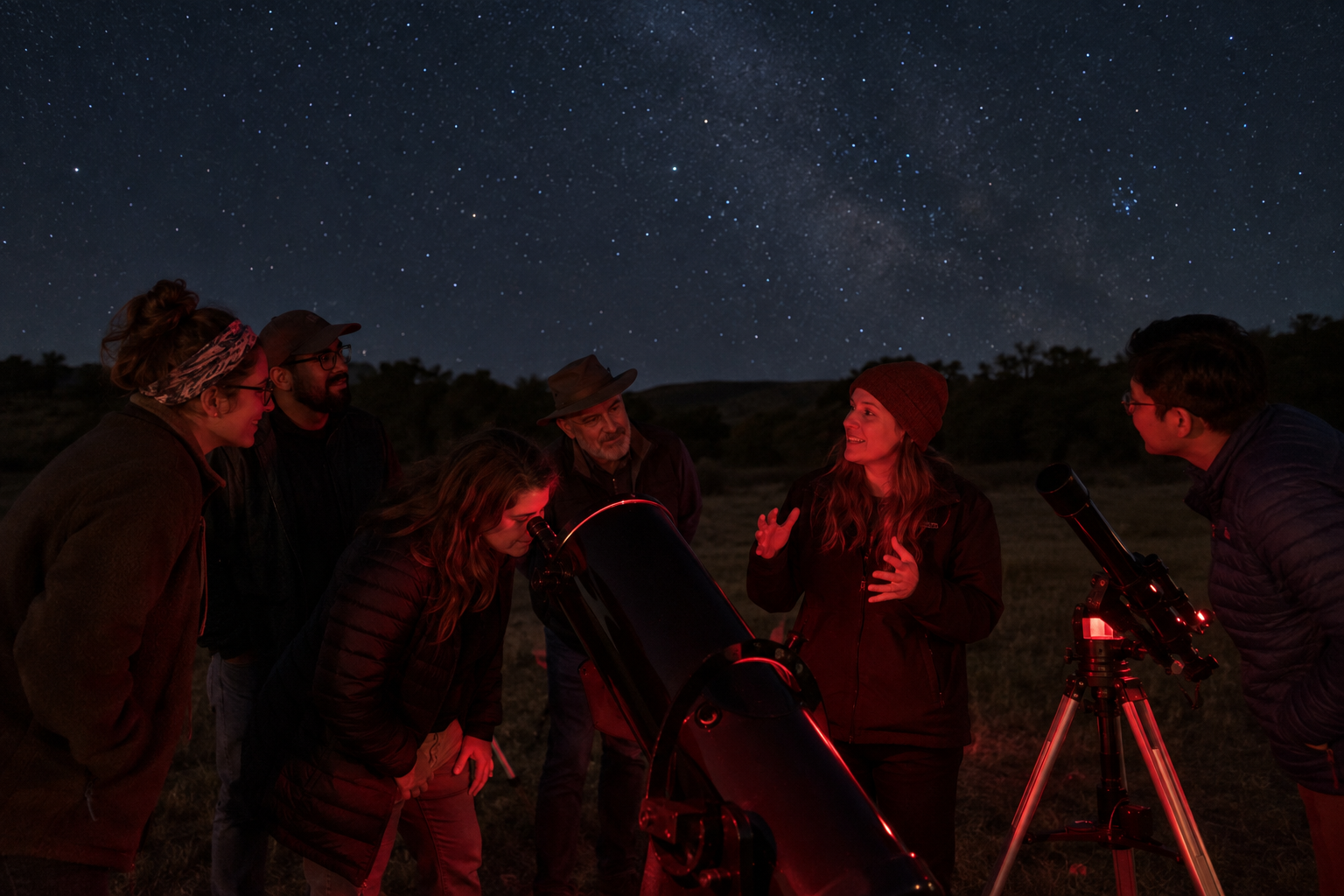 Friends gather around telescopes under red observing lights at a Central Texas star party.