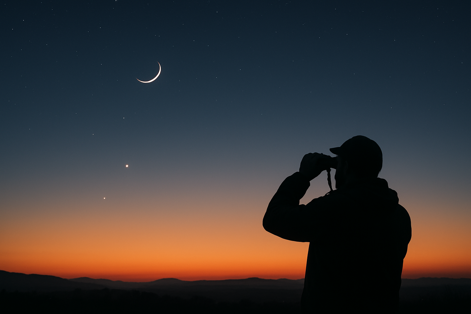 Thin crescent Moon low above a brightening dawn horizon with faint nearby planets