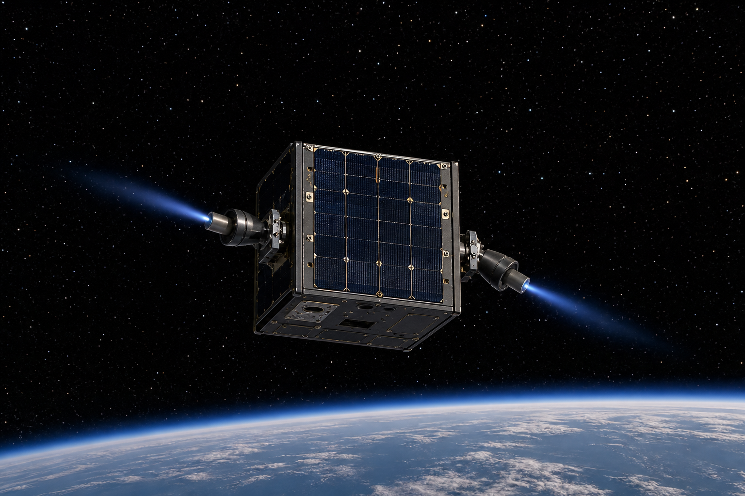 A compact spacecraft fires gimbaled electric thrusters to make corrective attitude-control forces