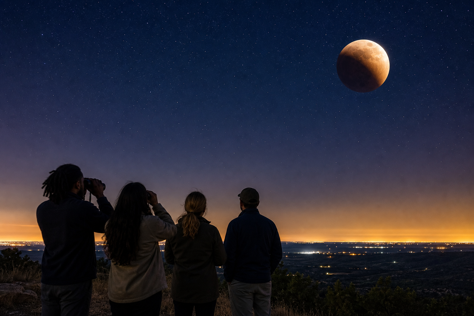 Four adult friends watch a deep partial lunar eclipse over a Texas landscape at night.