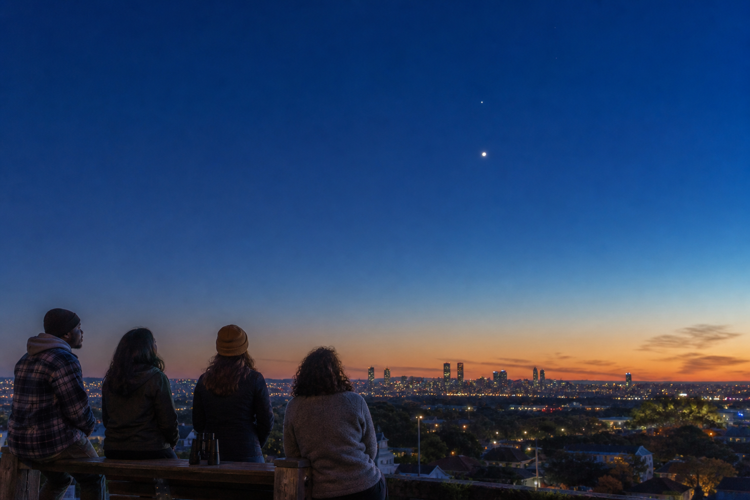 Four friends watch bright Venus and fainter Spica above a city skyline at blue hour.
