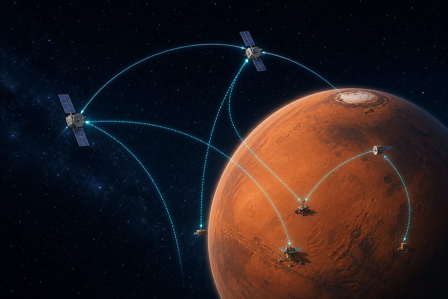 Conceptual illustration of several small relay satellites sharing communications paths around Mars.