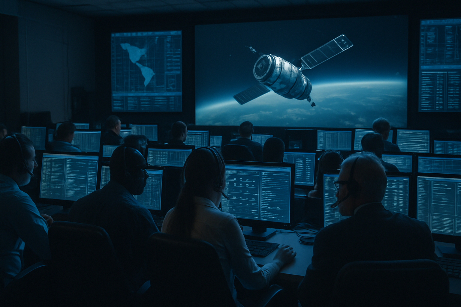 Mission controllers tracking LINK telemetry after power-on and first contact