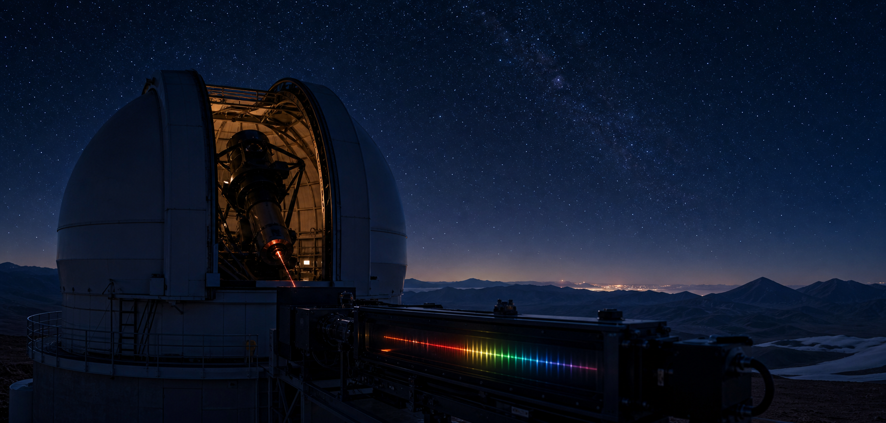 An observatory and infrared-spectrum visualization illustrating radial-velocity measurements.