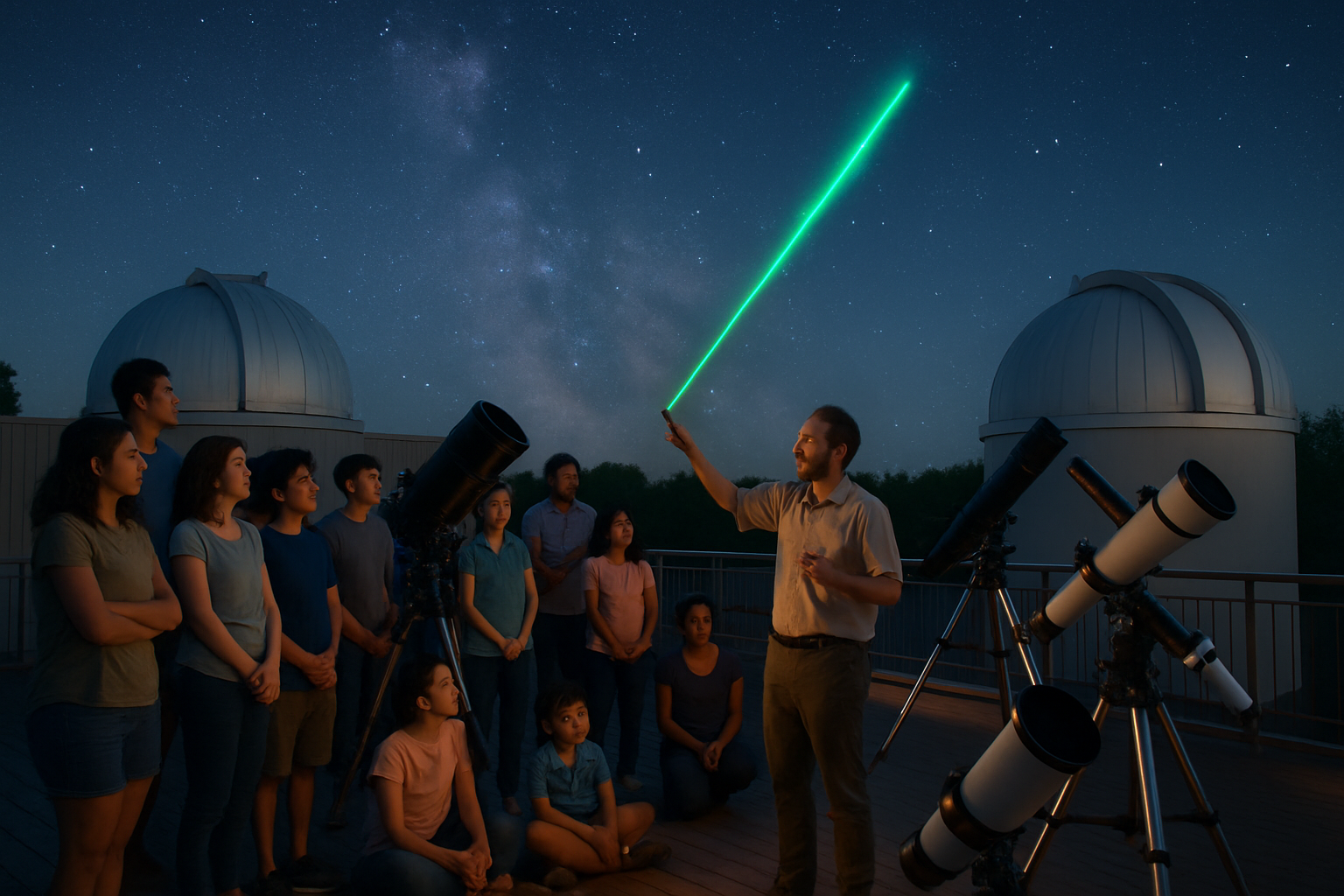 Docent-led observatory deck program with telescopes and a laser sky tour