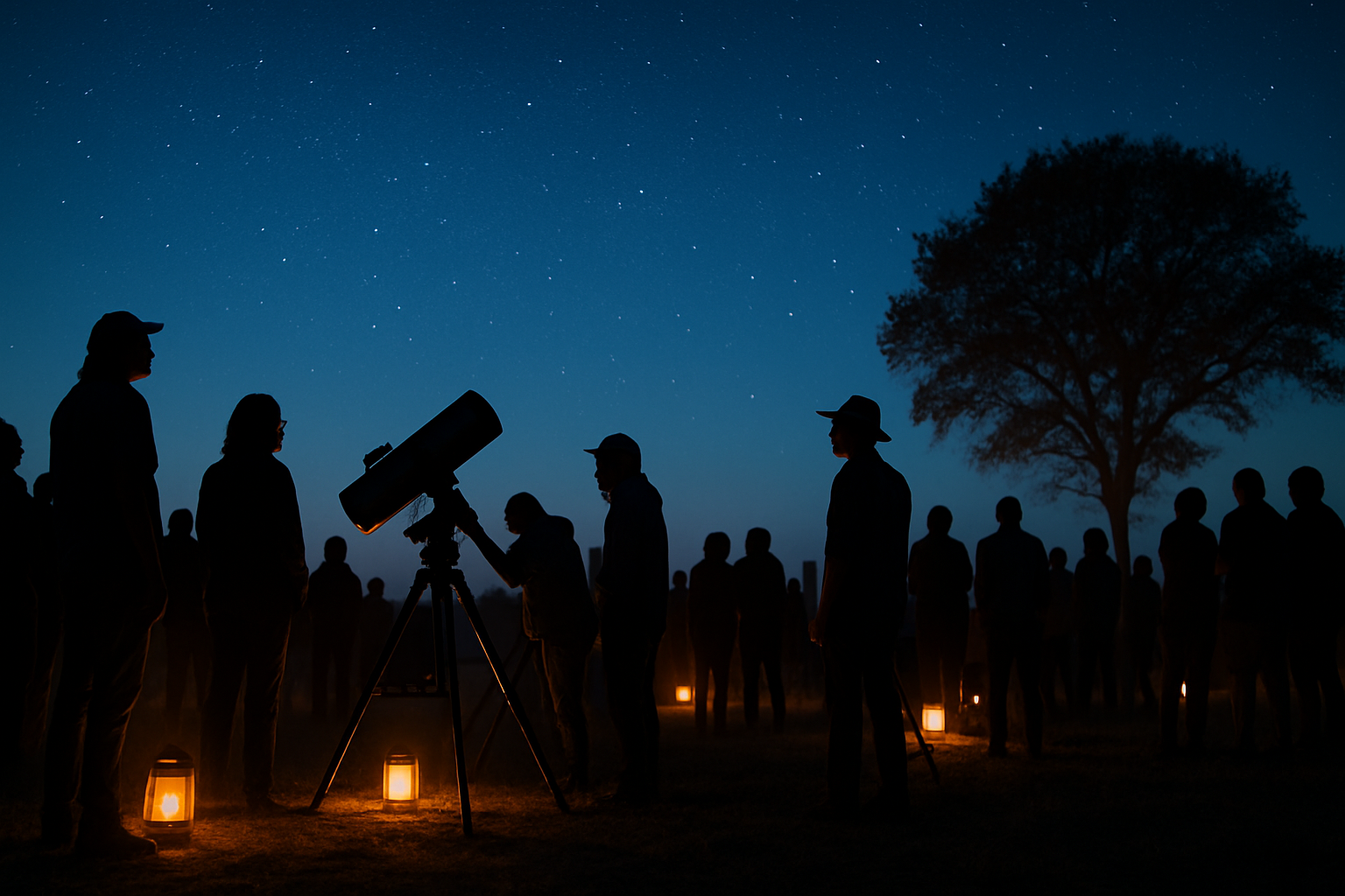 A crowd of people at an outdoor star party in Texas, silhouetted against a deep blue twilight sky with telescopes
