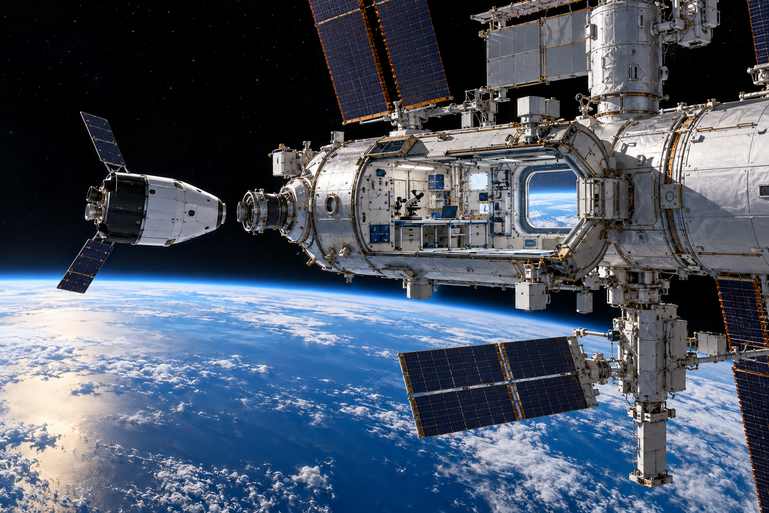 Cutaway illustration of a practical low-Earth-orbit research station with laboratory and visiting spacecraft