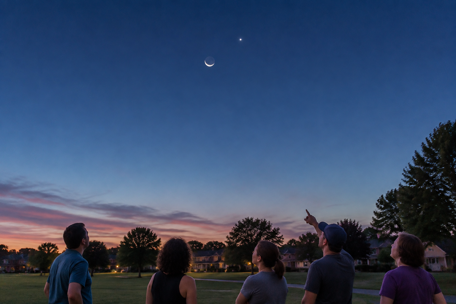 Friends in a Houston park spot the crescent Moon and Jupiter in the blue predawn sky