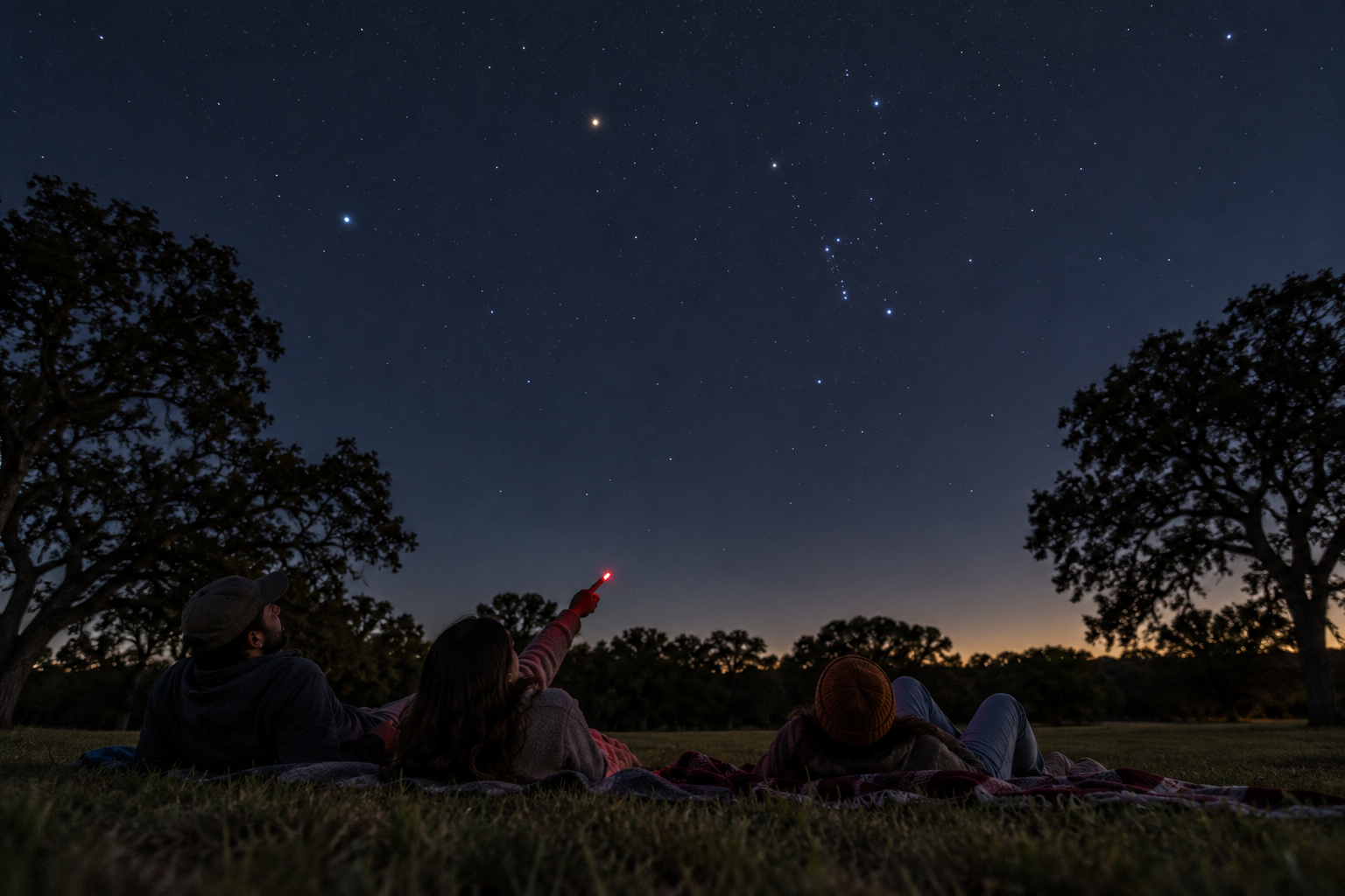 Friends reclining on blankets and learning the night sky with a dim red flashlight