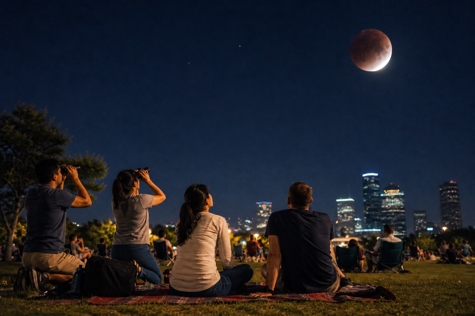 A community group observes the eclipsed Moon above the Houston skyline