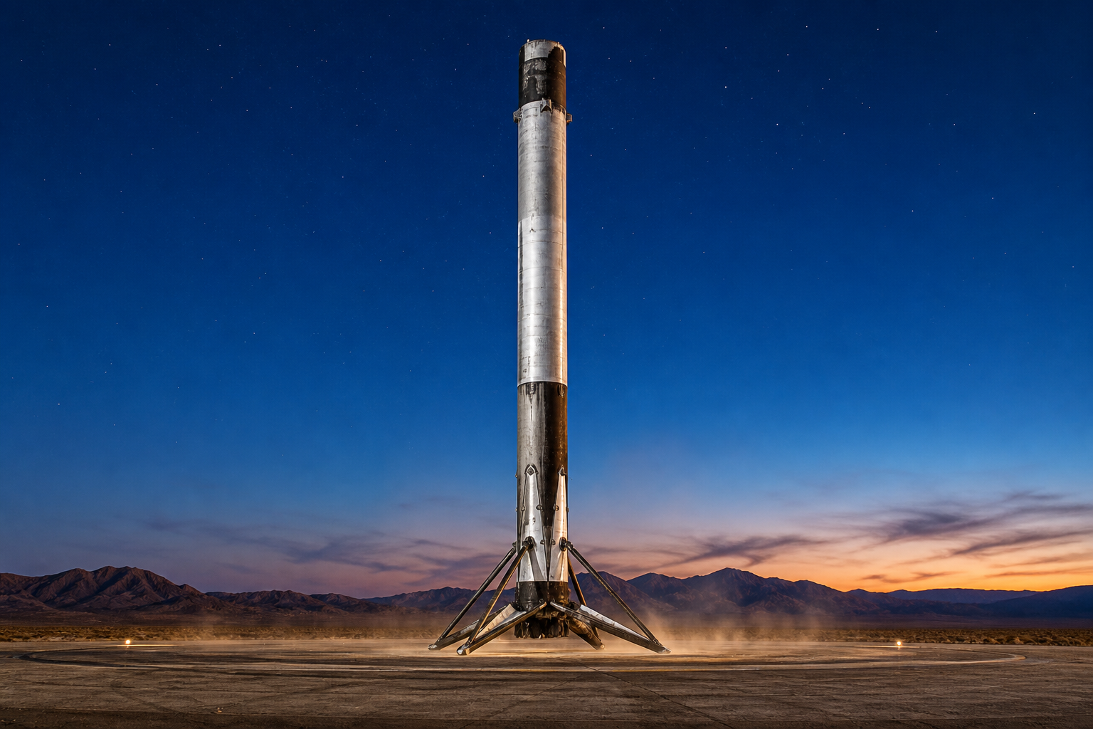 A reusable orbital rocket booster stands upright on landing legs at a desert recovery site at twilight.