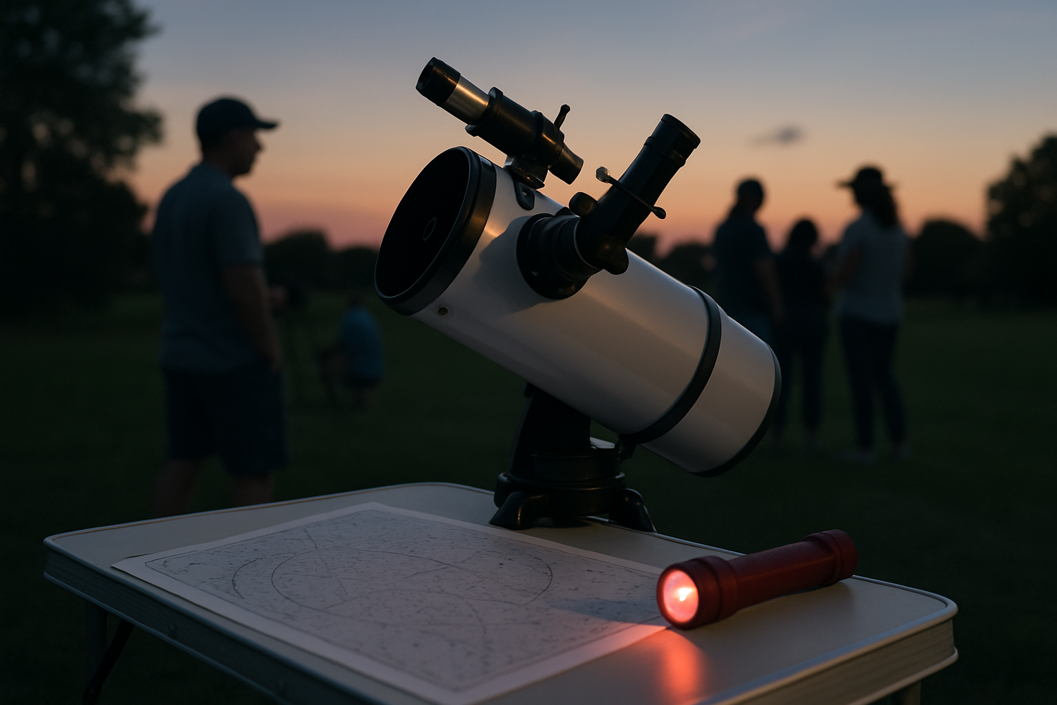 Small telescopes set up at twilight with an asteroid chart on a folding table