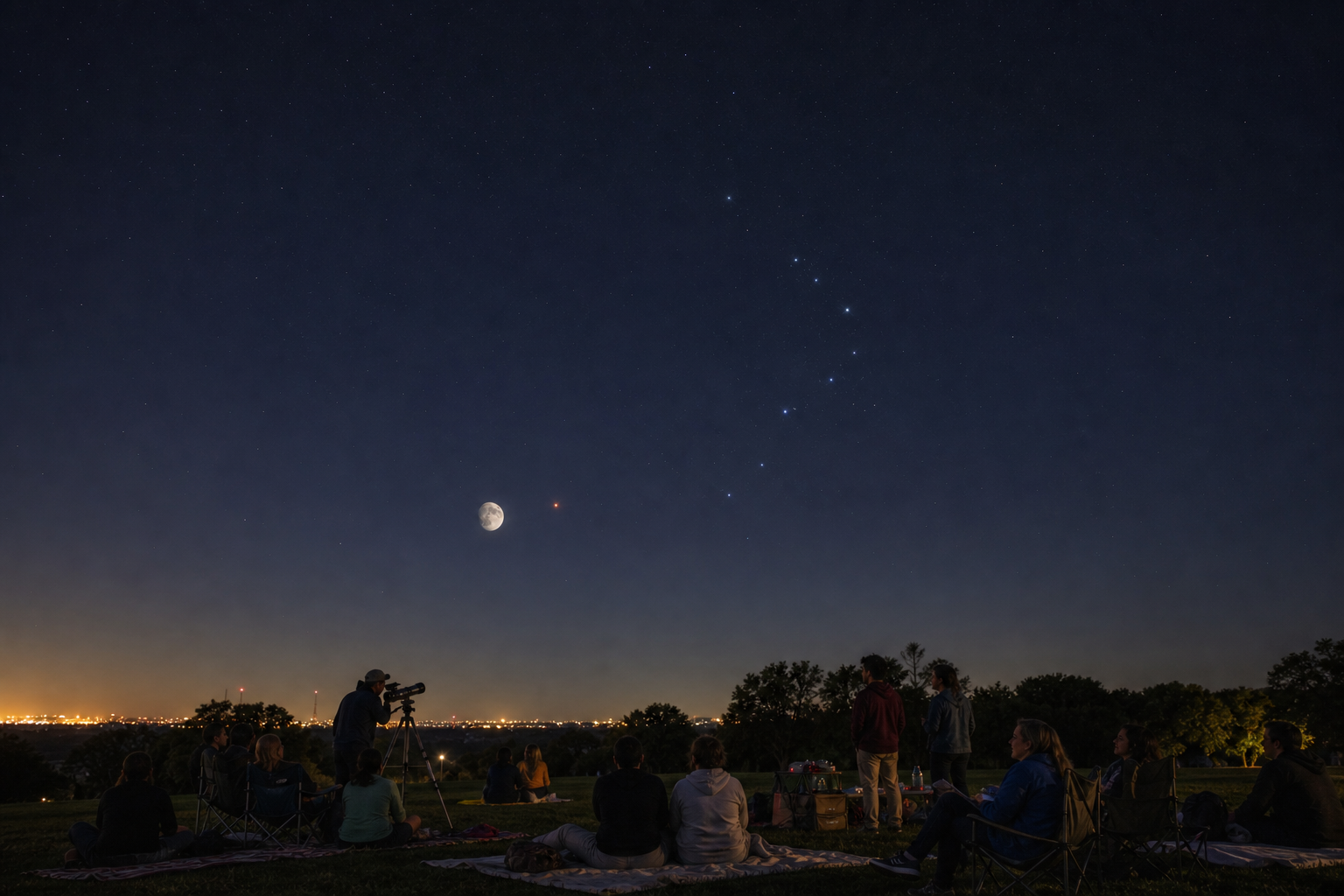 A community star party under Scorpius with the Moon low in the southern sky