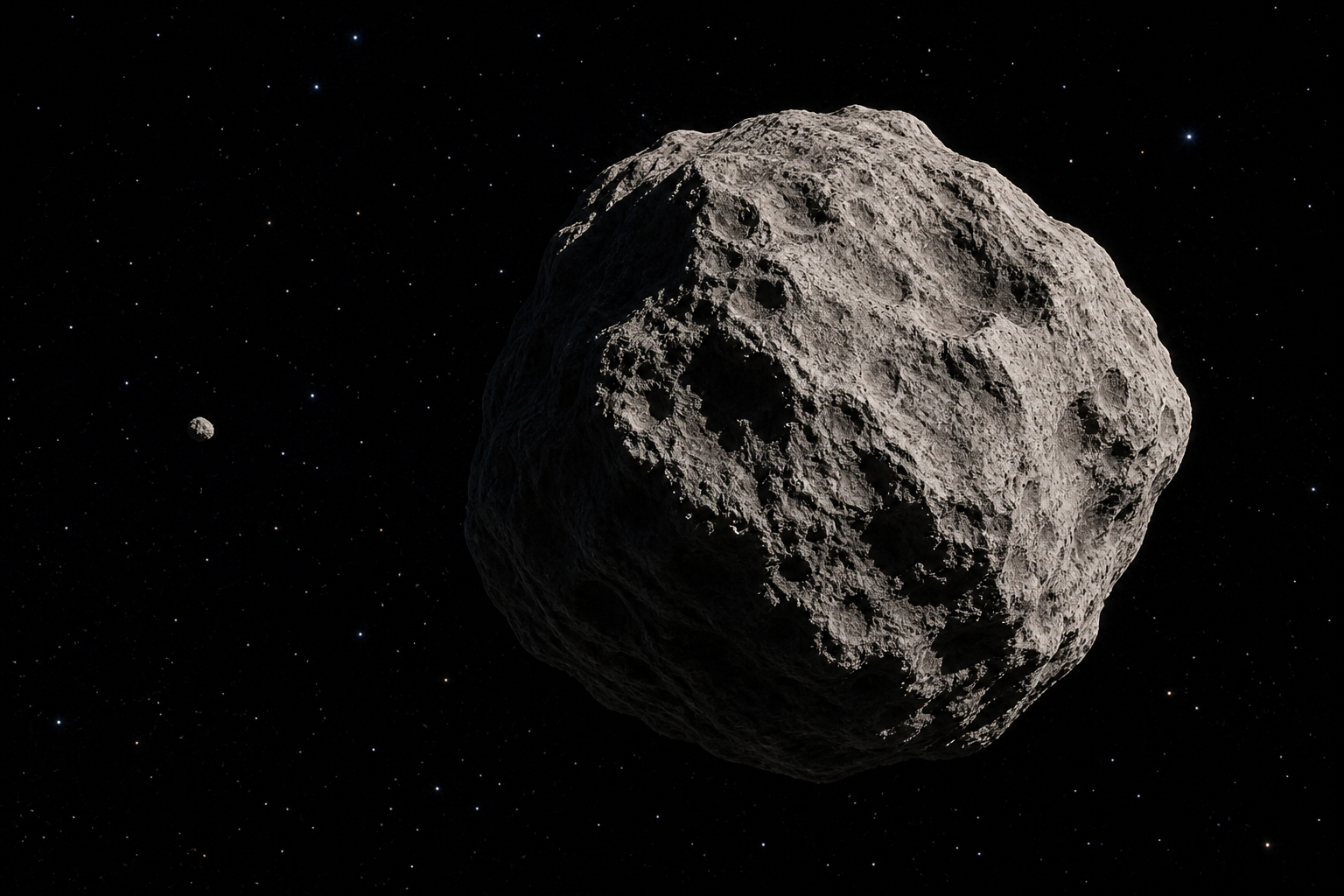 A small rocky moon beside a much larger irregular asteroid
