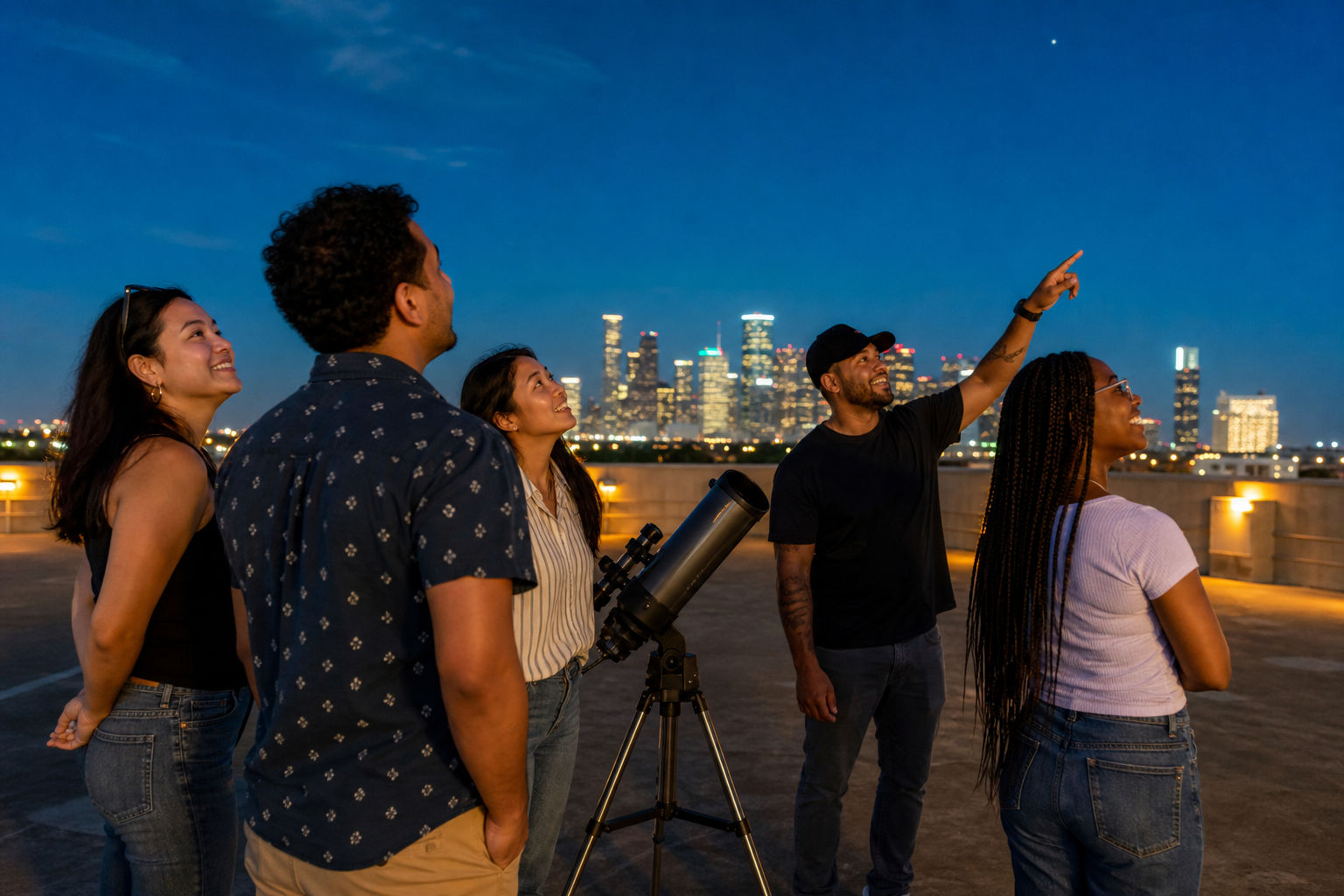 A diverse group of adult friends shares a telescope on a Houston rooftop at blue hour, with the downtown skyline behind them.
