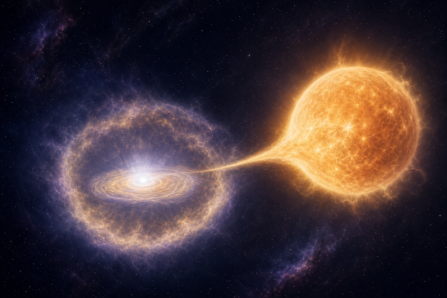 A scientific illustration of a classical nova binary system and its expanding shell.