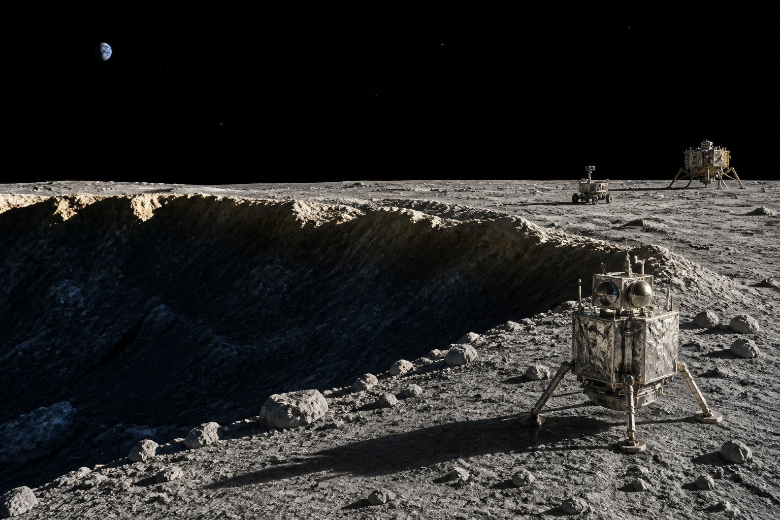 Illustration of a lunar lander, rover and hopping probe beside a permanently shadowed crater at the Moon’s south pole.