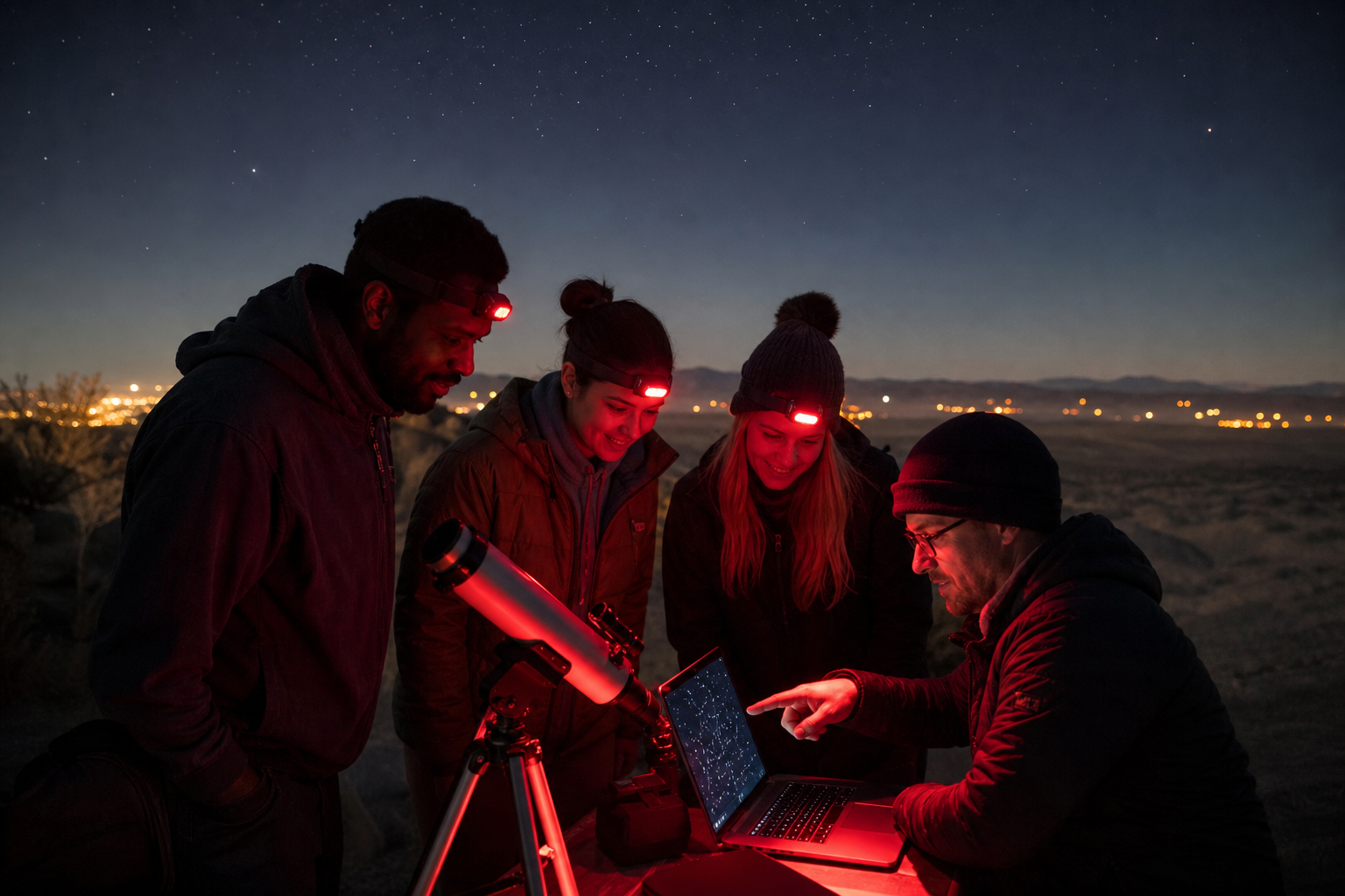 A small group of astronomy enthusiasts compare a star map beside a telescope