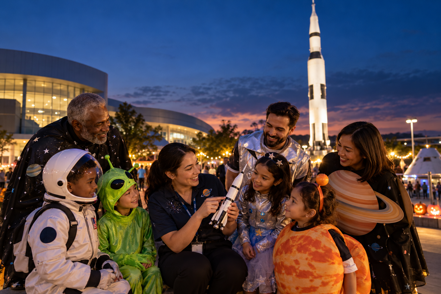 Families in original space-themed costumes explore a rocket-science center at dusk during a welcoming Halloween community event.