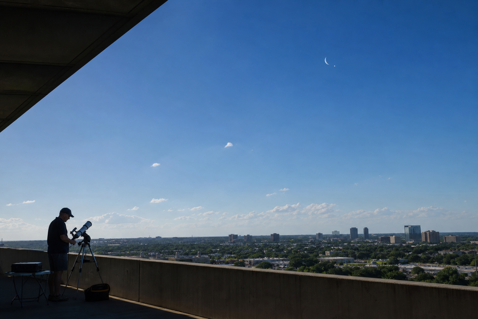 Observer using a small telescope from deep shade while the crescent Moon and Venus hang in a bright afternoon sky above a city overlook