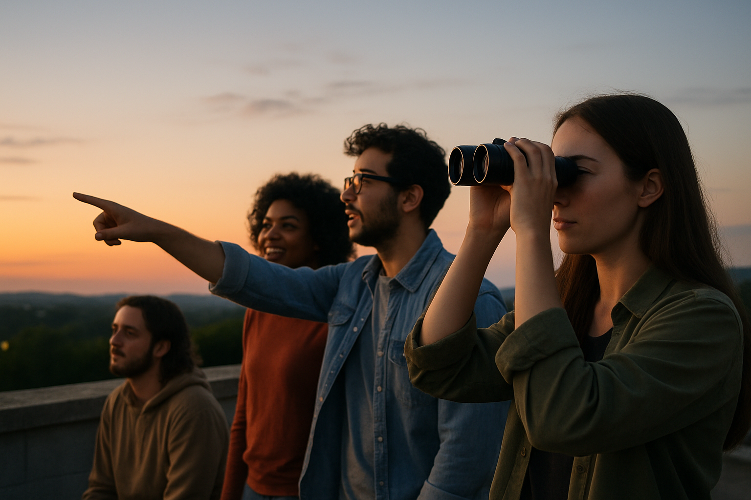 Small group of skywatchers scanning the western twilight during solstice week