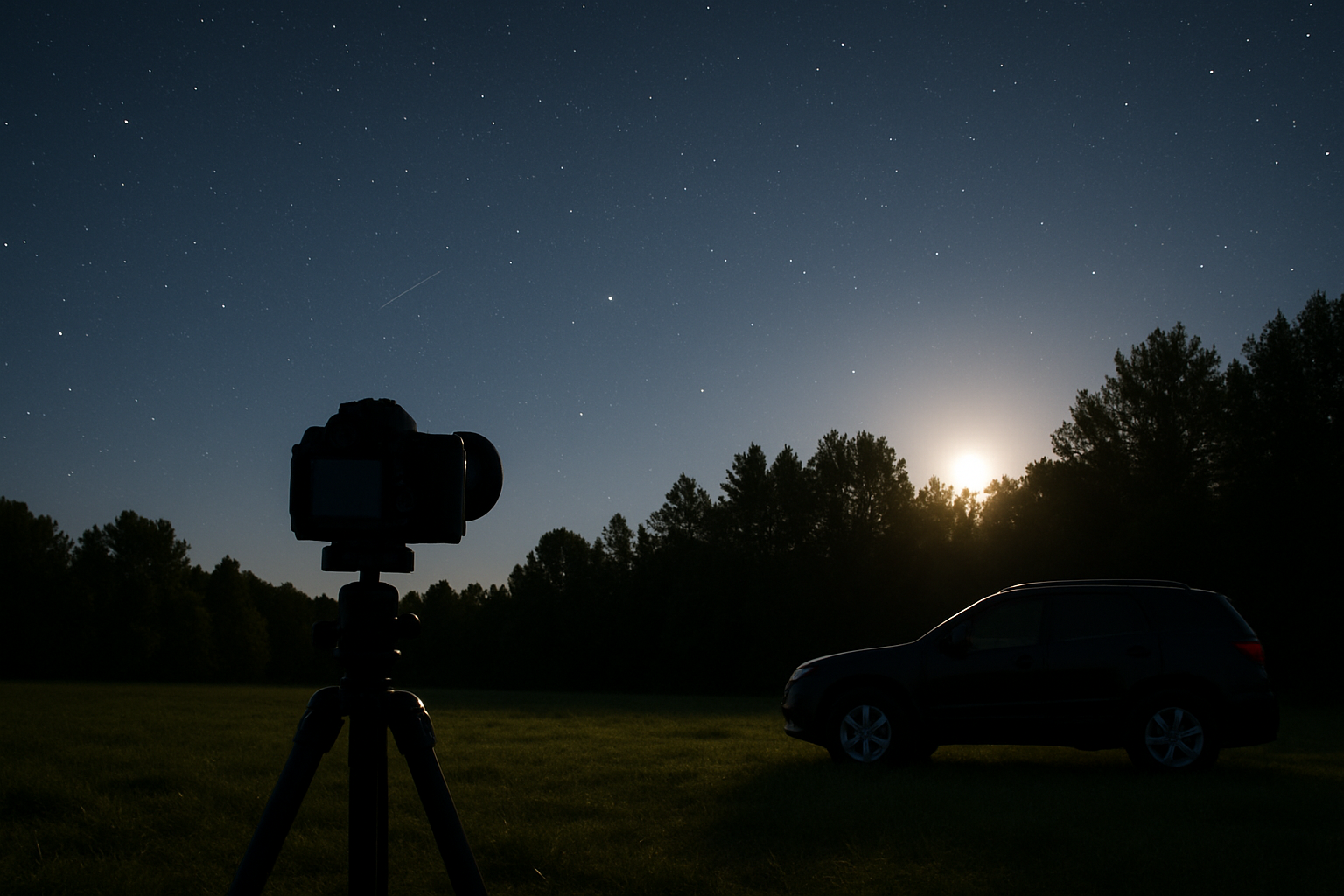 A camera aimed at open sky while the bright Moon is blocked behind trees and a parked vehicle.