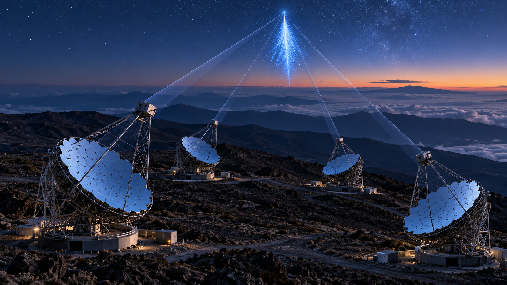 Four Cherenkov telescopes use different viewing angles to reconstruct the same atmospheric flash