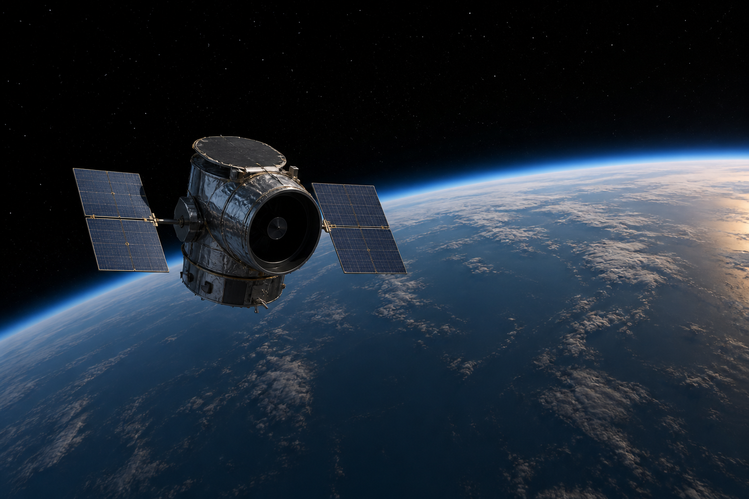 An astronomical observatory satellite orbits above Earth's thin blue atmosphere, illustrating a mission nearing the end of orbital life.