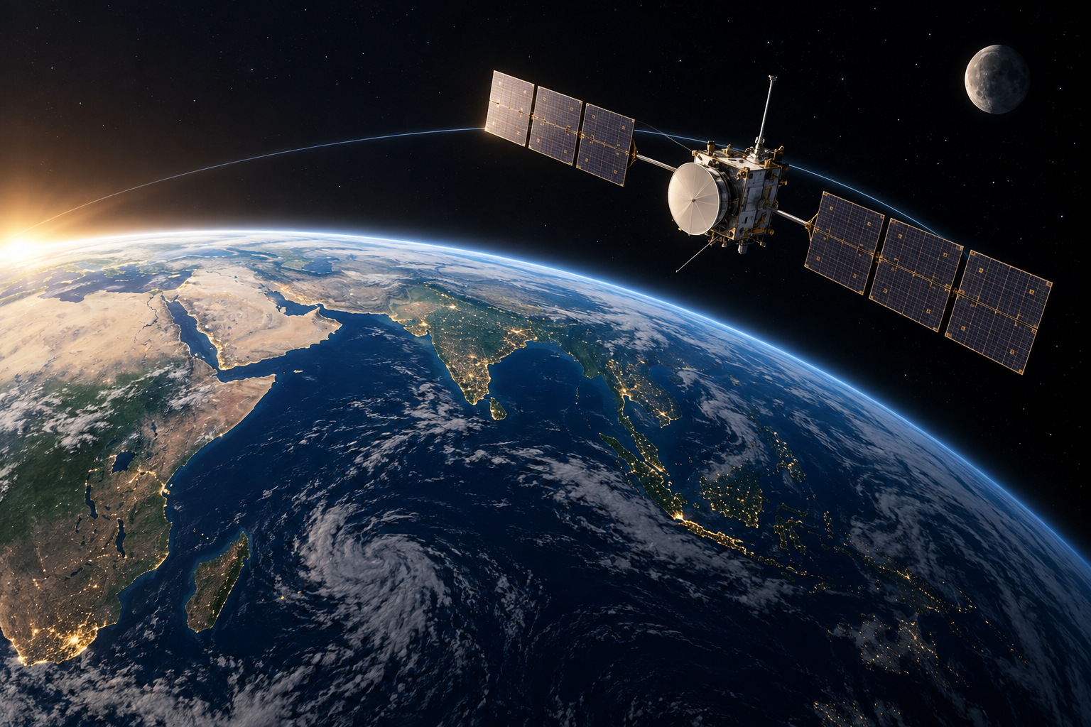 JUICE spacecraft flying above Earth on its September 2026 gravity assist trajectory