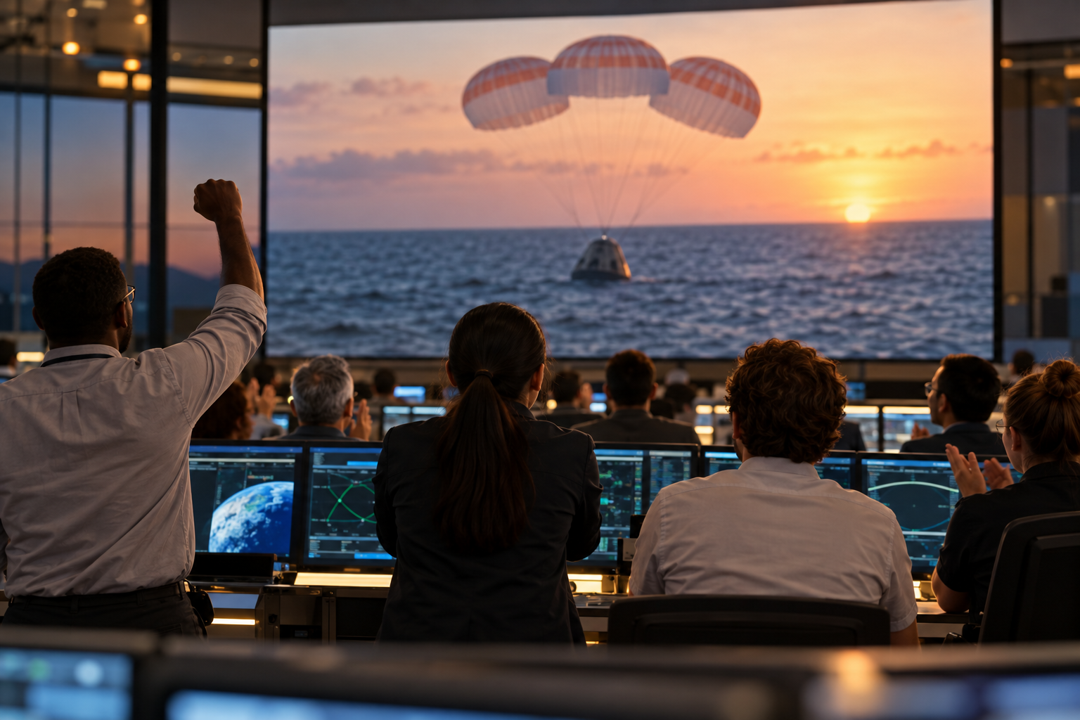 Mission-control team collaborating after a successful spacecraft recovery