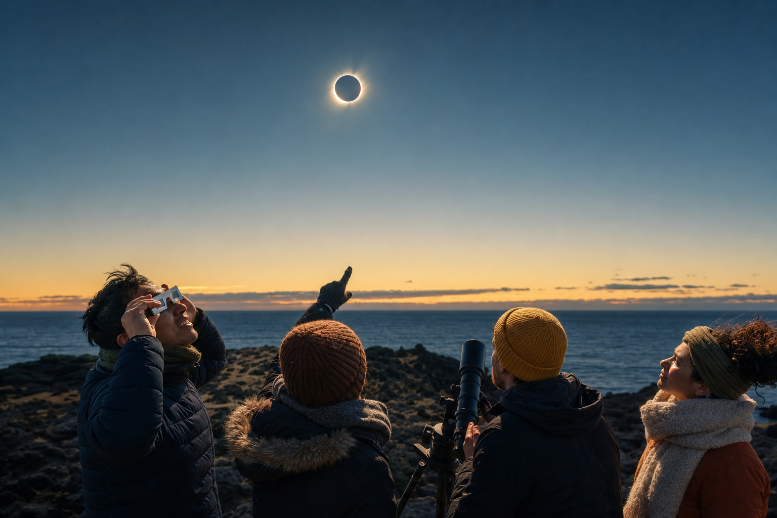 Group of astronomy friends safely sharing a solar eclipse viewing experience on Iceland’s coast