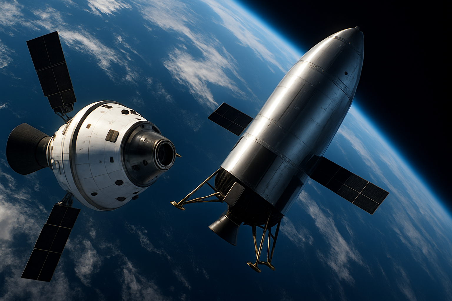 Orion approaching a commercial lunar lander test article in low Earth orbit above Earth