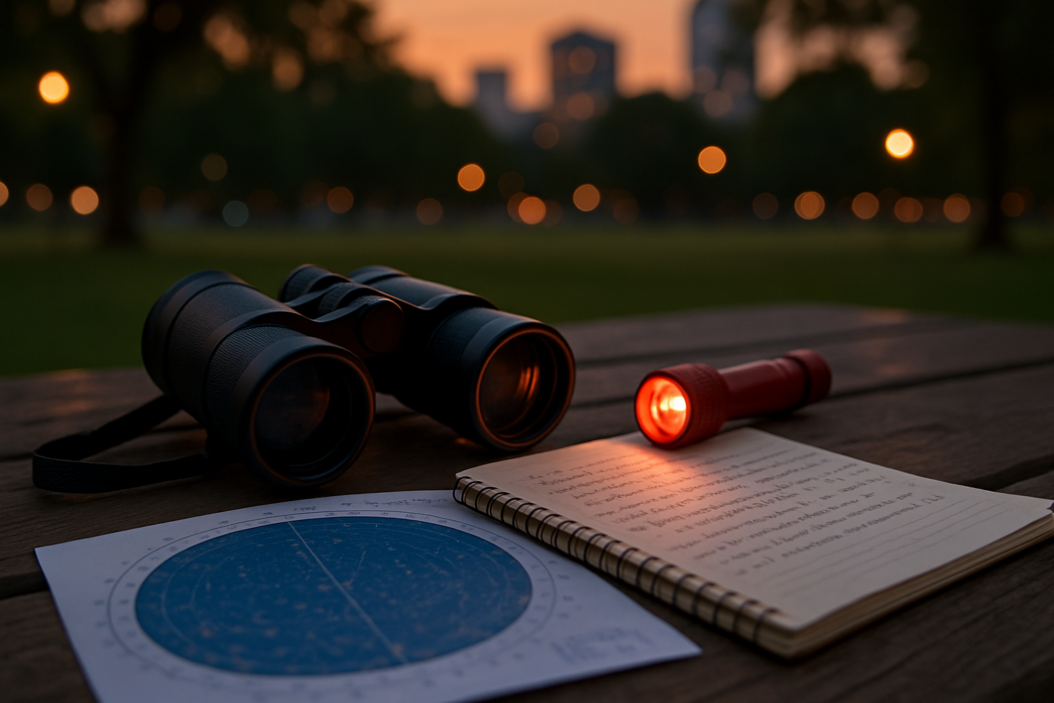 Binoculars, a red flashlight, and a handwritten sky notebook on a picnic table at dusk