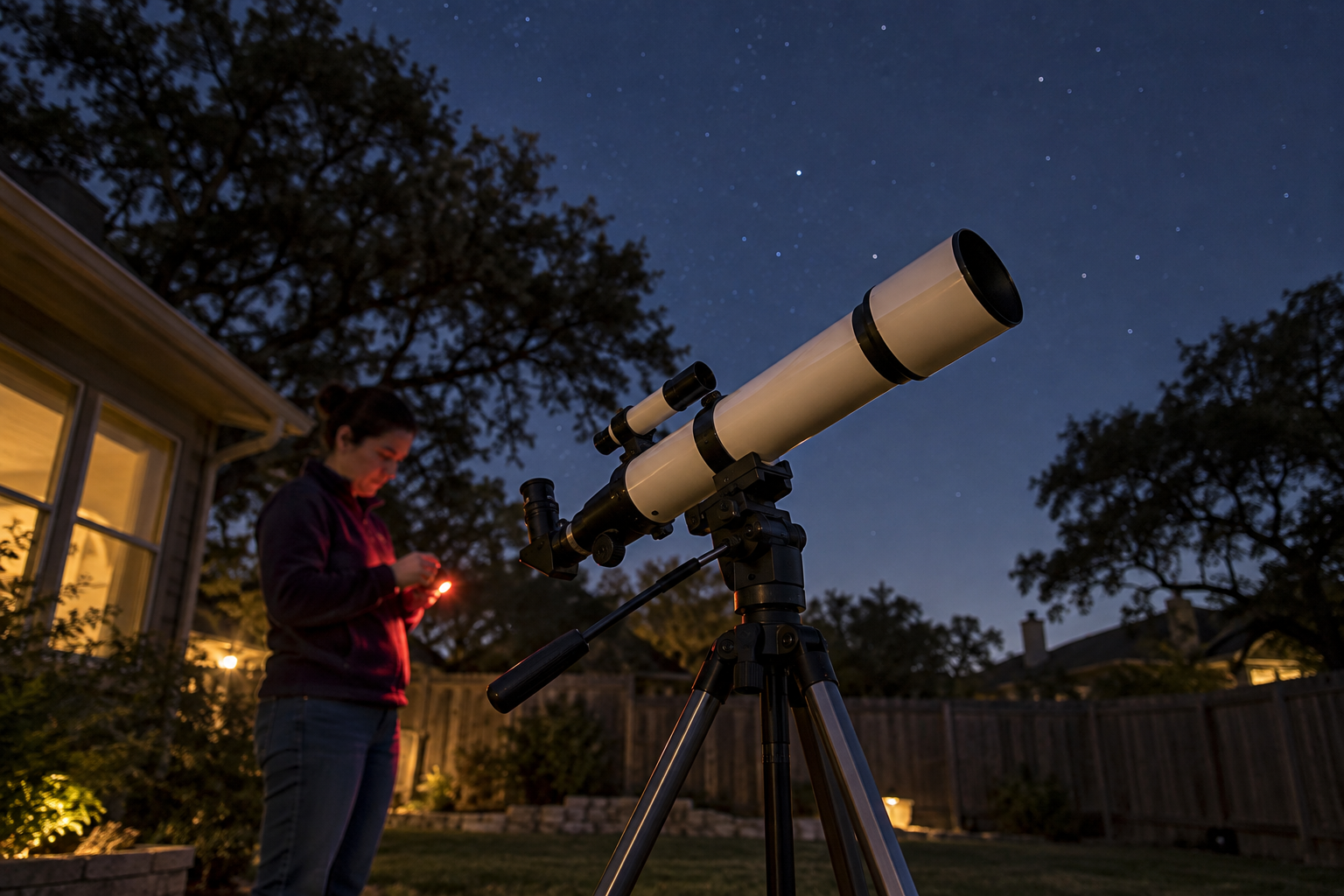 A compact beginner refractor on a stable tripod in a backyard