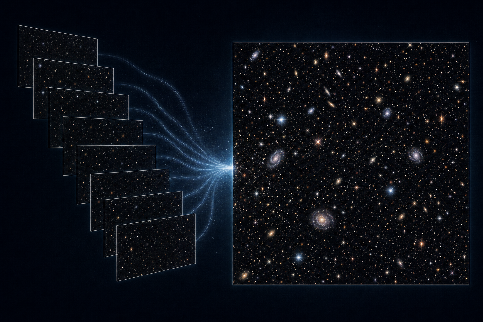 A visual explanation of separate observations combined into one deep sky image