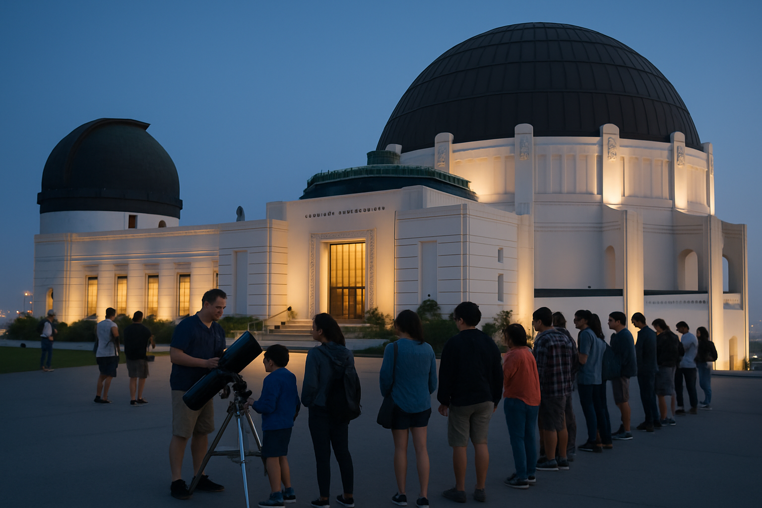 Visitors lined up for free public telescope viewing outside Griffith Observatory at blue hour